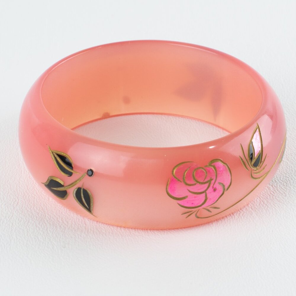 Vintage Lucite Bracelet Bangle Pink with carved rose design and rhinestone